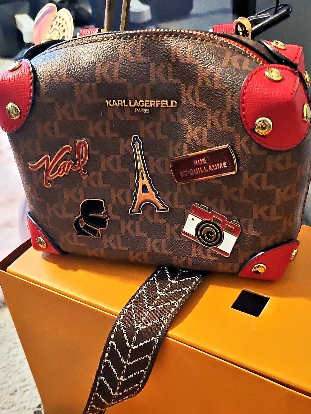 Karl Lagerfeld Monogram Crossbody Bag in Brown & Red NWT